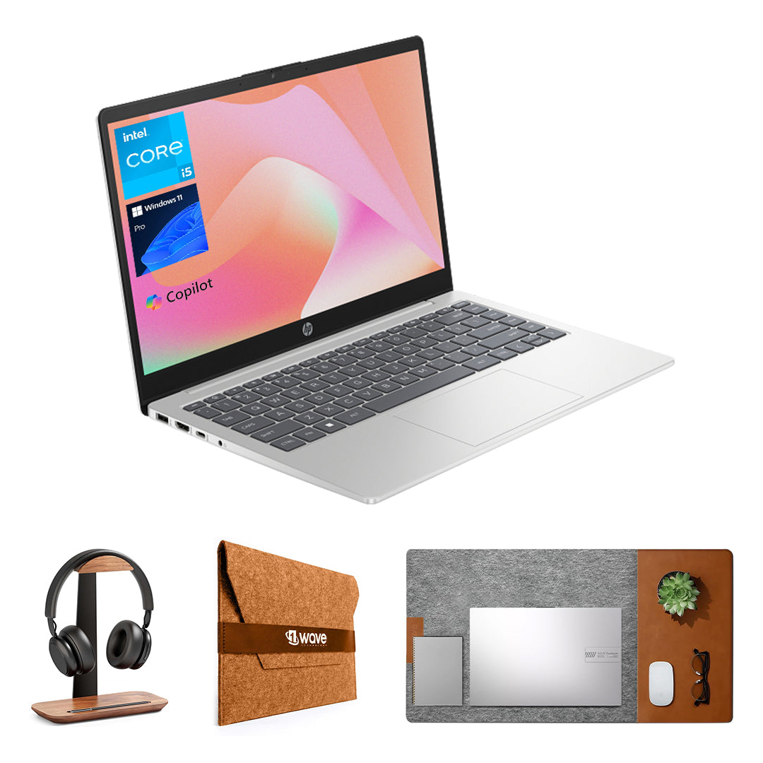 HP 14 Laptop – 13th Gen Intel Core i5-1334U | 8GB RAM | 512GB SSD | 14" Full HD Display | Backlit Keyboard | Windows 11 Pro | Silver | Free First Wave Workspace Bundle (Signature Mat + Headset Stand + SlimGuard)