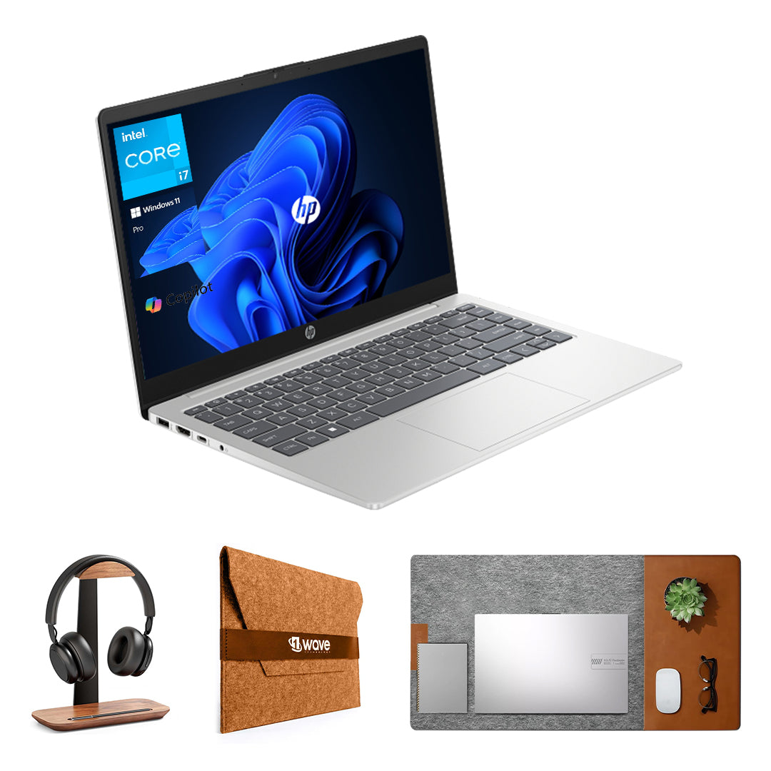 HP Laptop Core i7-1355u 13th Generation, 8GB RAM, 512GB SSD, 14" Full HD Display, Backlit Keyboard, Windows 11 Pro – Silver | Free First Wave Signature Mat, Headset Stand & SlimGuard Bundle