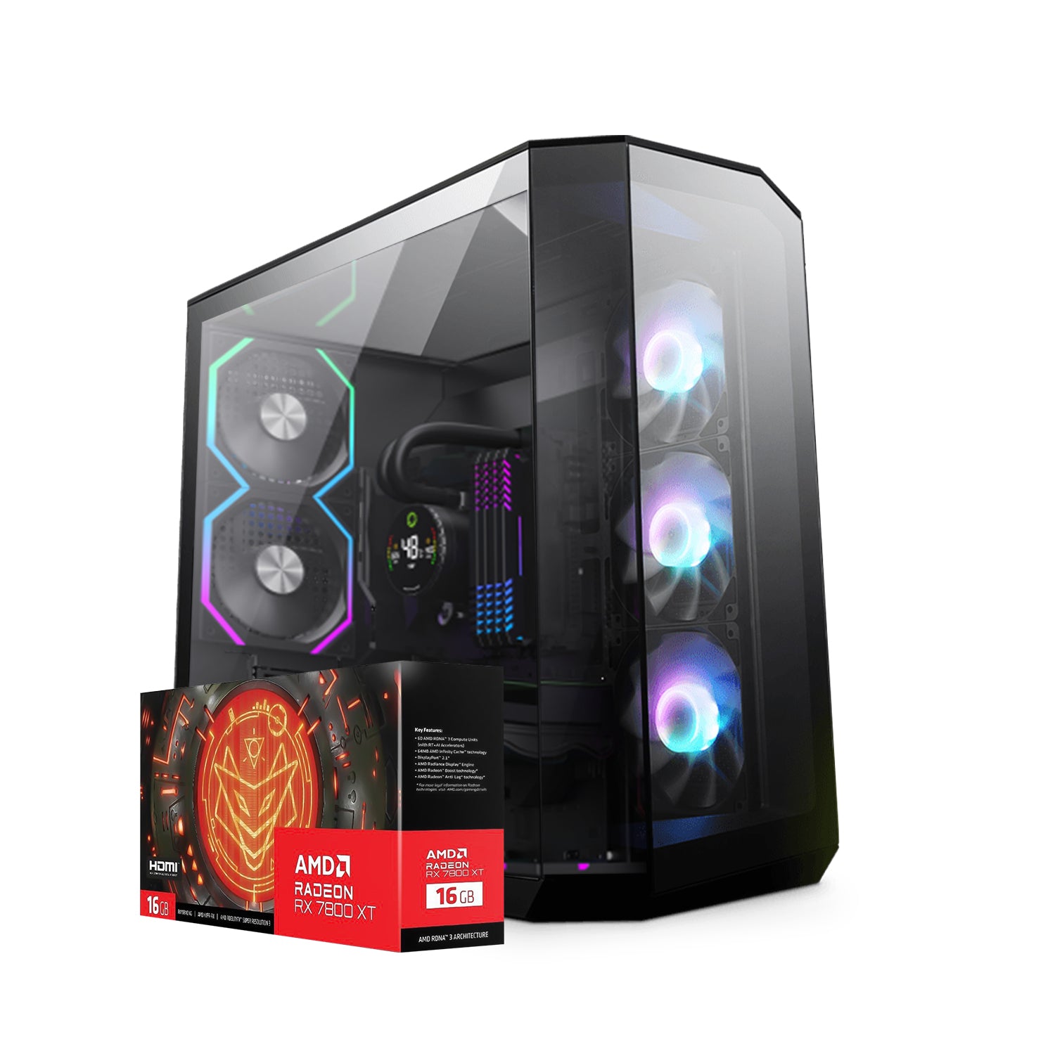 First Wave HyperionX Gaming PC – AMD Ryzen 7-9700, 16GB Radeon RX 7800 GDDR6 OC Graphics, DDR5 RGB RAM, 1TB NVMe SSD, WiFi, ARGB Cooling, Windows 11 Pro, 2Y Warranty