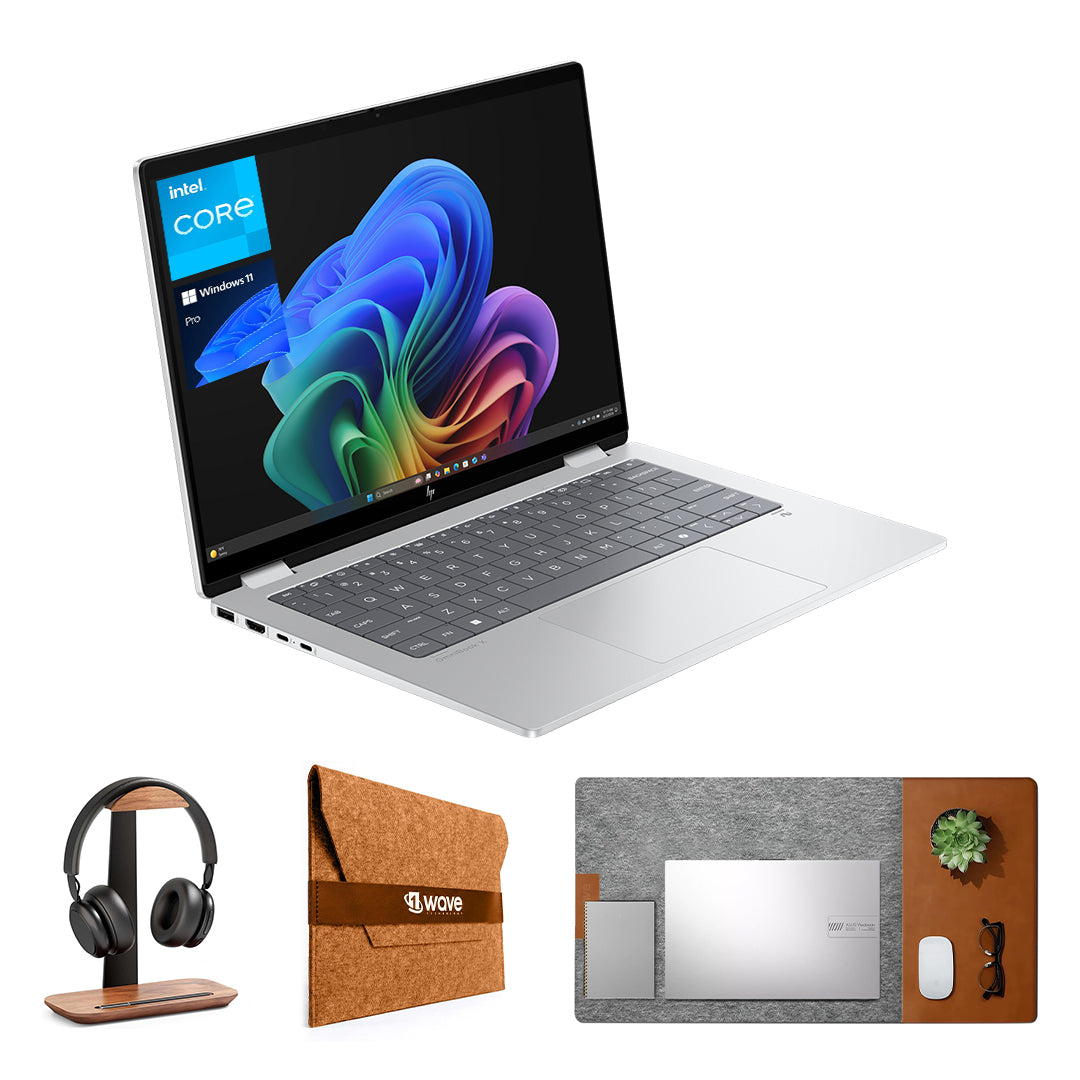 HP OmniBook X Flip 14-FM0013DX 2-in-1 Laptop – Intel Core Ultra 5-226V | 16GB RAM | 512GB SSD | 14" Touchscreen X360 Convertible | Windows 11 | Silver | Free First Wave Workspace Bundle (Signature Desk Mat + Headset Stand + SlimGuard Sleeve)
