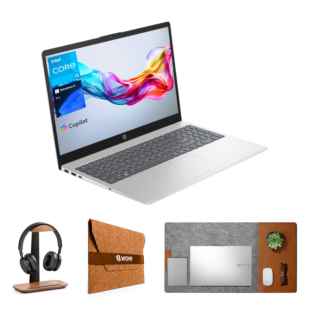 HP Laptop – 12th Gen Intel Core i3-1215U | 8GB RAM | 256GB SSD | 15.6" Full HD Display | Backlit Keyboard | Windows 11 Pro | Silver | Free First Wave Workspace Bundle (Signature Mat + Headset Stand + SlimGuard)