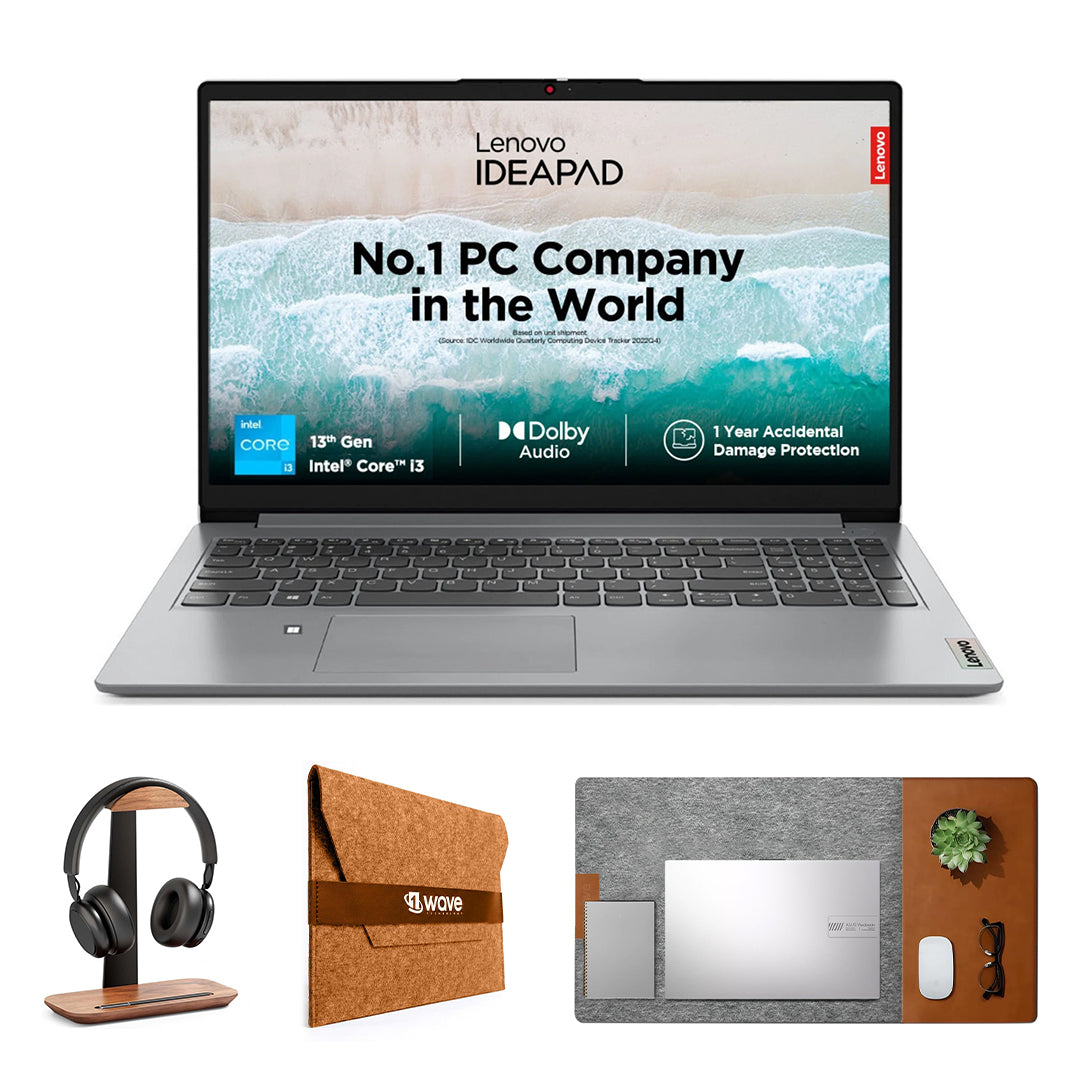Lenovo IdeaPad 1 15IRU7 Laptop – Intel Core i5-1335U | 16GB RAM | 512GB SSD | 15.6" Full HD Display | Windows 11 | Grey | With First Wave Workspace Bundle (Signature Desk Mat + Headset Stand + SlimGuard Sleeve)