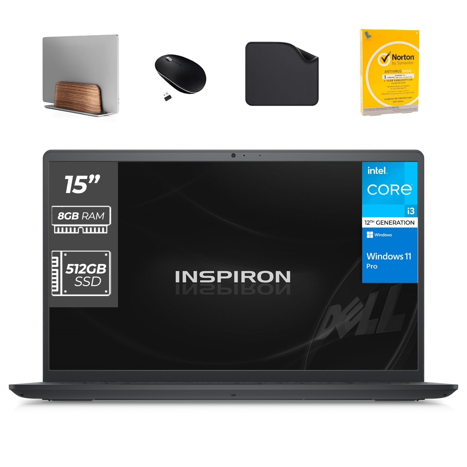 Dell Laptop Inspiron 3520, 12th Generation Intel i3-1215U, Win11 Pro, HD Webcam, 15.6 Display (Includes 1st Wave Laptop Stand + Wireless Mouse + Mouse pad + Antivirus) - 8GB RAM, 512GB SSD