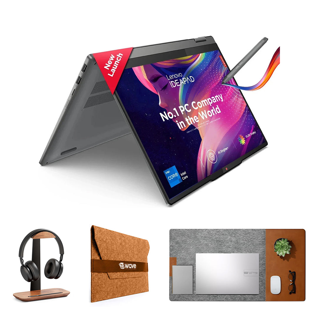 Lenovo IdeaPad 5 2-in-1 Laptop – Intel Core Ultra 5 | 16GB RAM | 512GB SSD | 14" FHD Touchscreen X360 Convertible | Windows 11 | English Keyboard | With First Wave Workspace Bundle (Signature Desk Mat + Headset Stand + SlimGuard Sleeve)