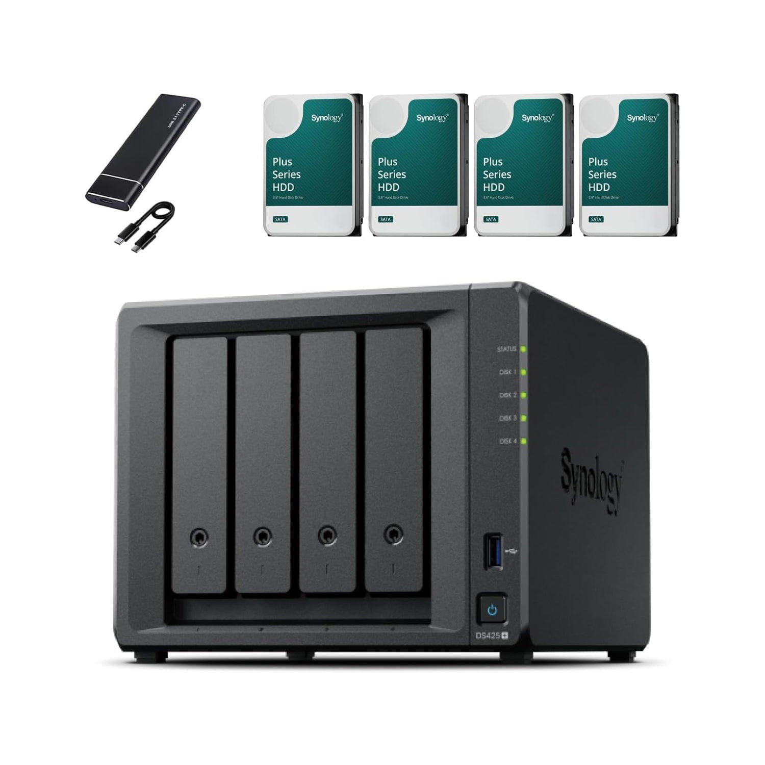 Synology DS425+ 4-Bay NAS High-Performance Network Attached Storage with RAID Backup Server, Secure File Sharing & Cloud Storage for Home and Business – Includes 512GB External SSD for Backup