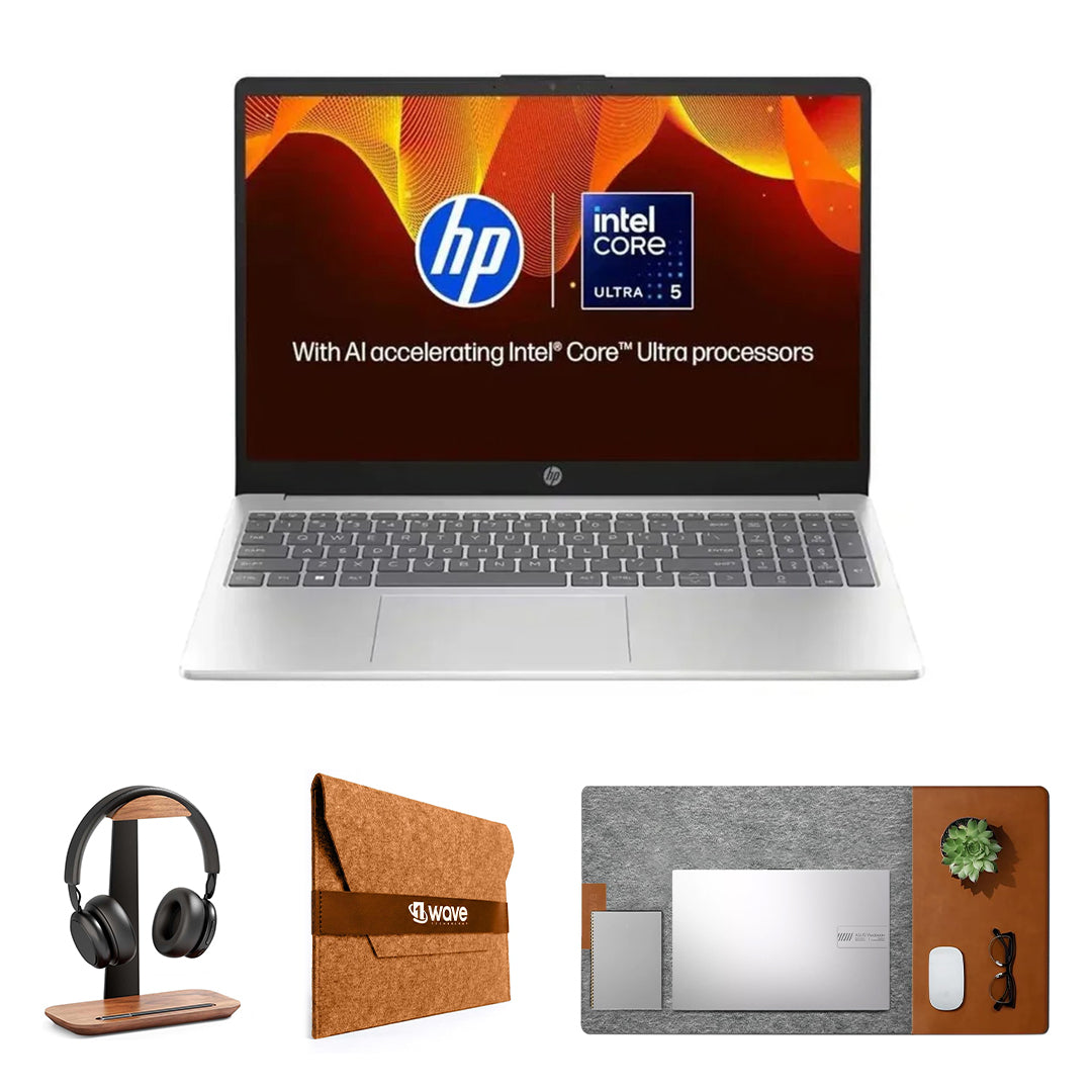 HP 15FD-0154WM Laptop – Intel Core Ultra 5 Processor | 8GB RAM | 512GB SSD | 15.6" FHD IPS Touchscreen | Backlit Keyboard | Windows 11 Pro | Silver | With combo First Wave Workspace Bundle (Signature Mat + Headset Stand + SlimGuard)