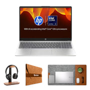 HP 15FD-0154WM Laptop – Intel Core Ultra 5 Processor | 8GB RAM | 512GB SSD | 15.6" FHD IPS Touchscreen | Backlit Keyboard | Windows 11 Pro | Silver | With combo First Wave Workspace Bundle (Signature Mat + Headset Stand + SlimGuard)