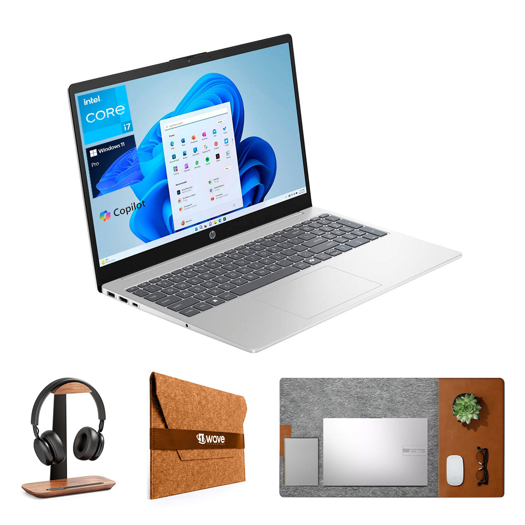 HP Laptop – Intel Core i7-1355U | 16GB RAM | 512GB SSD | 15.6" FHD Touchscreen | Backlit Keyboard | Windows 11 Pro | Natural Silver | Free First Wave Workspace Bundle (Signature Mat + Headset Stand + SlimGuard) Model : 15FD-0127DX