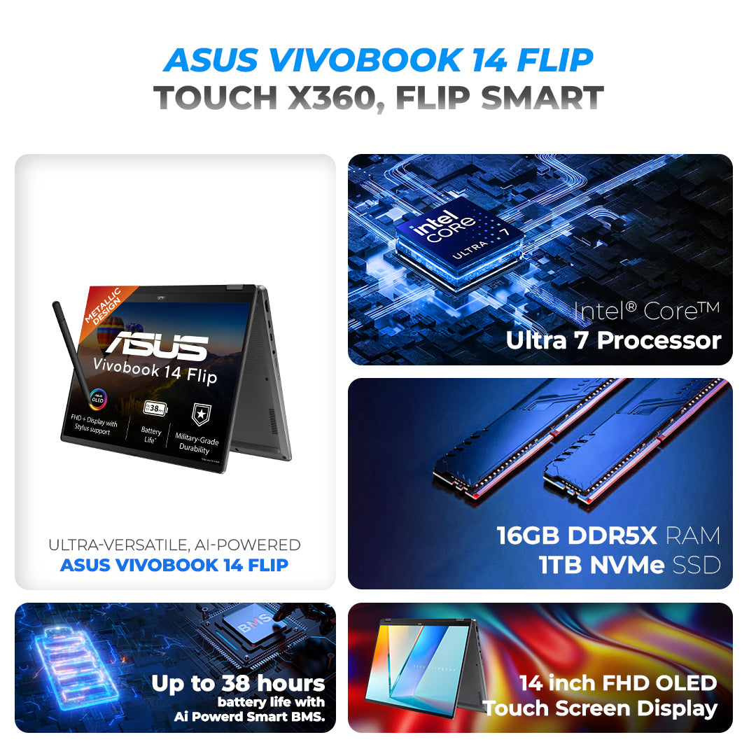 Asus Vivobook Flip TP3407SA‑DS74T-Ultra 7 256V 16GB LPDDR5X 1TB SSD 14" OLED Touch Screen x360 Matte Grey ASUS