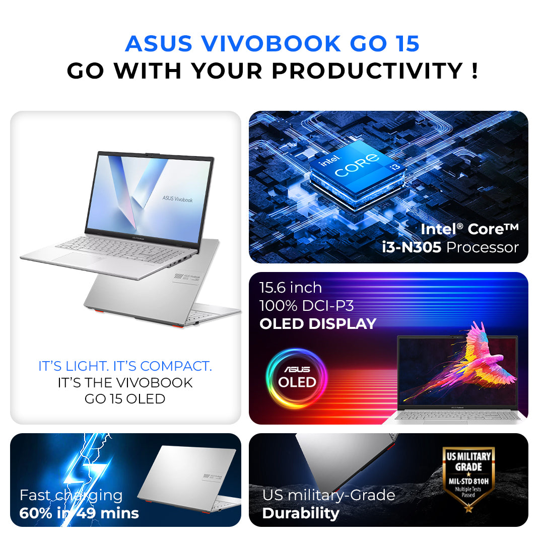 ASUS Vivobook Go 15 Laptop – Intel Core i3-N305, 8GB RAM, 256GB SSD, 15.6" FHD Display, Windows 11 | Includes Free First Wave Signature Mat, Headset Stand & SlimGuard Felt – Cool Silver