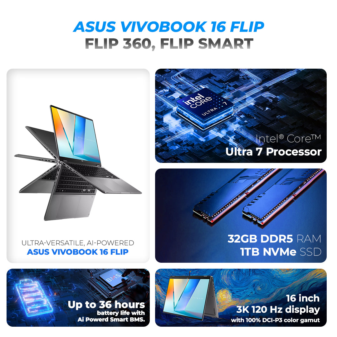 Asus Vivobook 16 Flip TP3607SA-IS77T-Ultra 7 32GB DDR5 1TB SSD 16" OLED Touch Screen Matte Gray ASUS