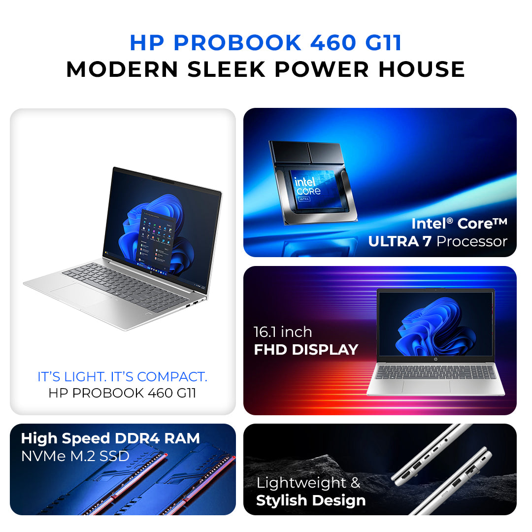 HP ProBook 460 G11 Business Laptop – Intel Core Ultra 7 | 16GB RAM | 512GB SSD | 16.1" Full HD Display | Backlit English Keyboard | Windows 11 Pro | with First Wave Workspace Bundle (Signature Desk Mat + Headset Stand + SlimGuard Sleeve)