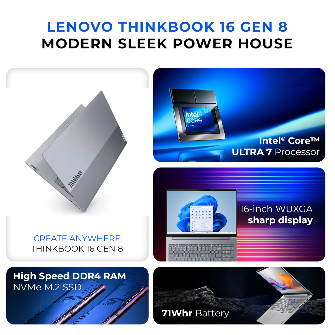 Lenovo ThinkBook 16 G8 Business Laptop – Intel Core 5 | 8GB RAM | 512GB SSD | 16" WUXGA Display | Windows 11 Pro | With First Wave Workspace Bundle (Signature Desk Mat + Headset Stand + SlimGuard Sleeve)