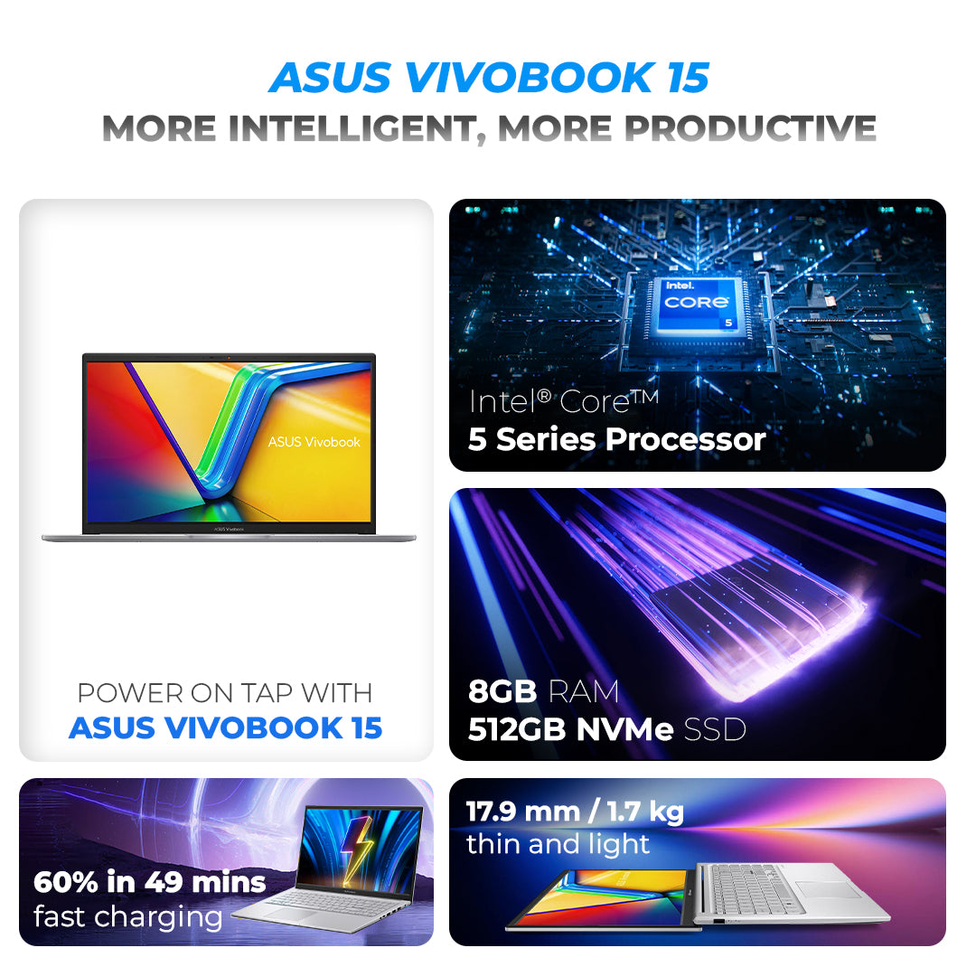 Asus Vivobook 15 A1504VA-BQ541 -Intel Core™ 5, 8GB DDR5 512GB SSD 15.6" FHD Backlit Keyboard, Cool Silver ASUS