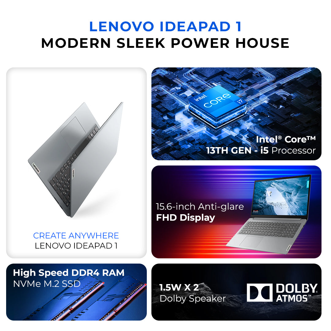 Lenovo IdeaPad 1 15IRU7 Laptop – Intel Core i5-1335U | 16GB RAM | 512GB SSD | 15.6" Full HD Display | Windows 11 | Grey | With First Wave Workspace Bundle (Signature Desk Mat + Headset Stand + SlimGuard Sleeve)