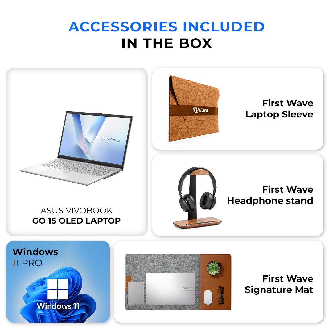 ASUS Vivobook Go 15 Laptop – Intel Core i3-N305, 8GB RAM, 256GB SSD, 15.6" FHD Display, Windows 11 | Includes Free First Wave Signature Mat, Headset Stand & SlimGuard Felt – Cool Silver