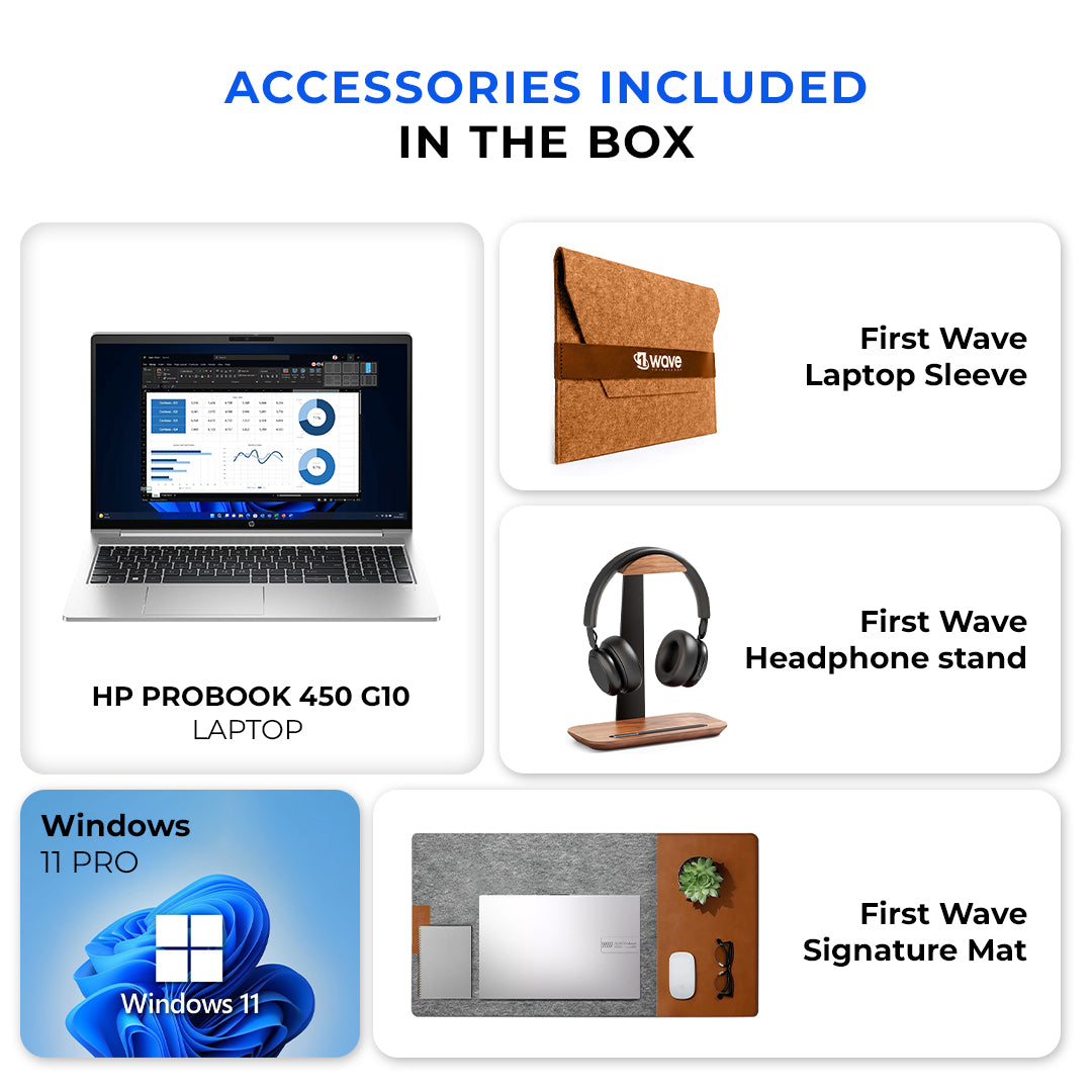 HP ProBook 450 G10 Business Laptop – Intel Core i7-1355U | 16GB RAM | 512GB SSD | 15.6" Full HD Display | Backlit Keyboard | Windows 11 | Silver | With First Wave Workspace Bundle (Signature Mat + Headset Stand + SlimGuard)
