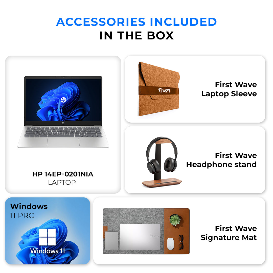 HP Laptop Core i7-1355u 13th Generation, 8GB RAM, 512GB SSD, 14" Full HD Display, Backlit Keyboard, Windows 11 Pro – Silver | Free First Wave Signature Mat, Headset Stand & SlimGuard Bundle