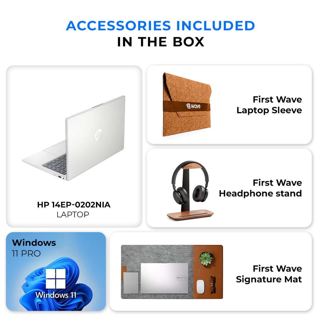 HP 14 Laptop – 13th Gen Intel Core i5-1334U | 8GB RAM | 512GB SSD | 14" Full HD Display | Backlit Keyboard | Windows 11 Pro | Silver | Free First Wave Workspace Bundle (Signature Mat + Headset Stand + SlimGuard)