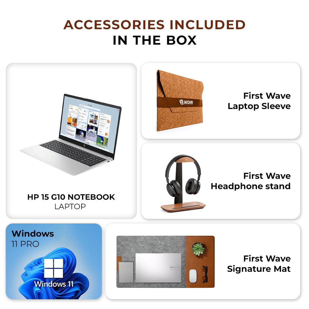 HP 250 G10 Laptop – Intel Core i3-1315U | 8GB RAM | 512GB SSD | 15.6" Full HD Display | Backlit Keyboard | Windows 11 Pro | Silver | With First Wave Workspace Bundle (Signature Mat + Headset Stand + SlimGuard) HP