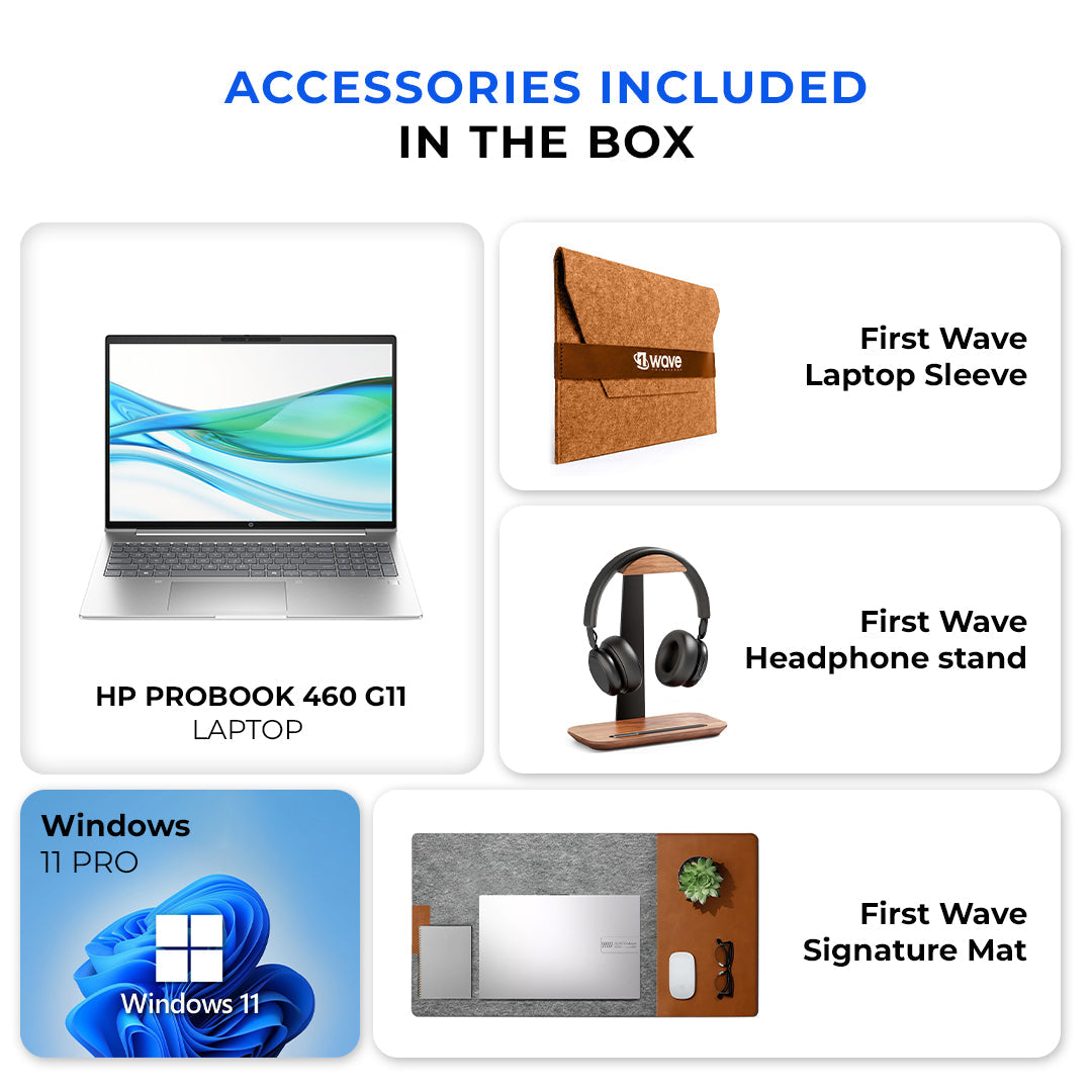 HP ProBook 460 G11 Business Laptop – Intel Core Ultra 7 | 16GB RAM | 512GB SSD | 16.1" Full HD Display | Backlit English Keyboard | Windows 11 Pro | with First Wave Workspace Bundle (Signature Desk Mat + Headset Stand + SlimGuard Sleeve) HP