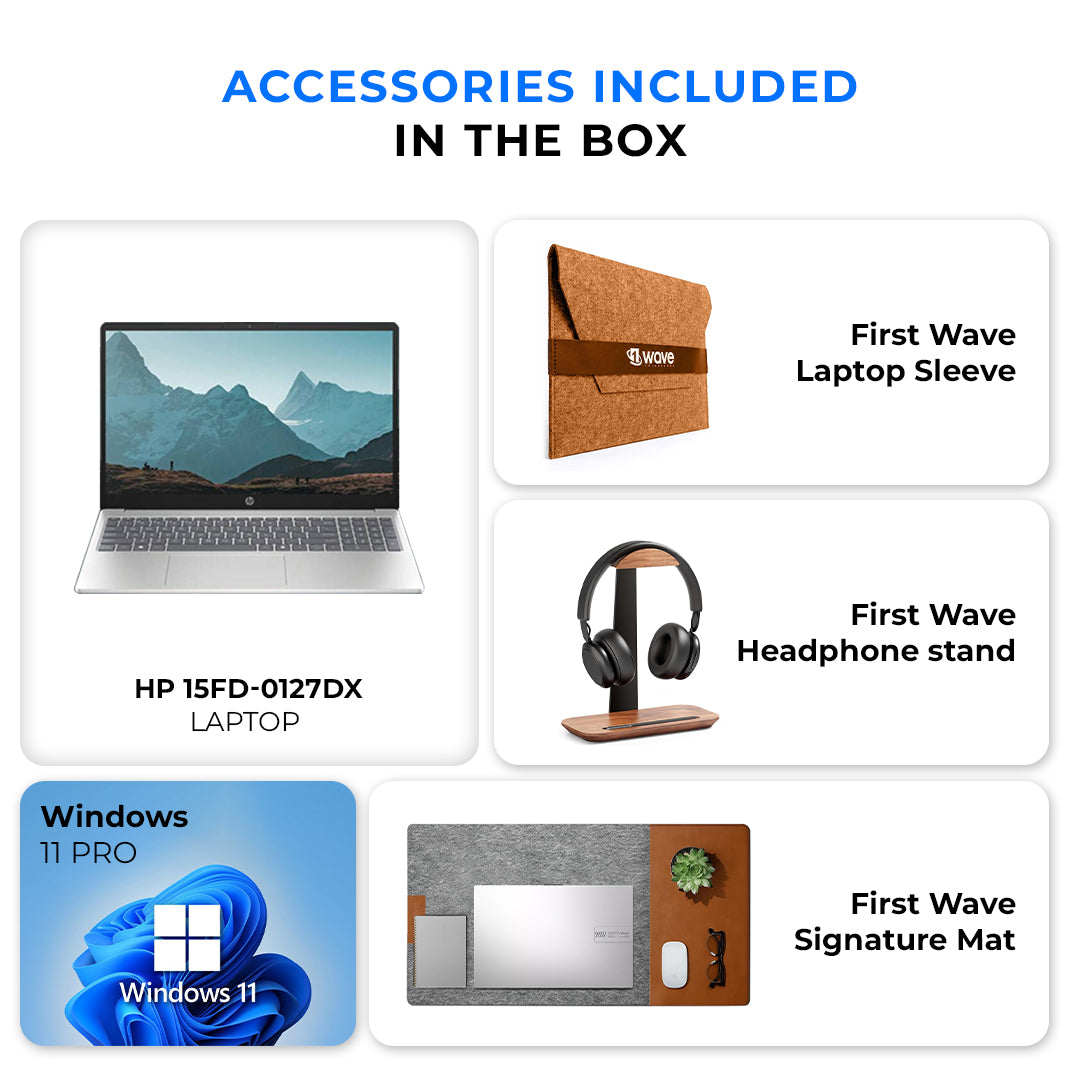 HP Laptop – Intel Core i7-1355U | 16GB RAM | 512GB SSD | 15.6" FHD Touchscreen | Backlit Keyboard | Windows 11 Pro | Natural Silver | Free First Wave Workspace Bundle (Signature Mat + Headset Stand + SlimGuard) Model : 15FD-0127DX