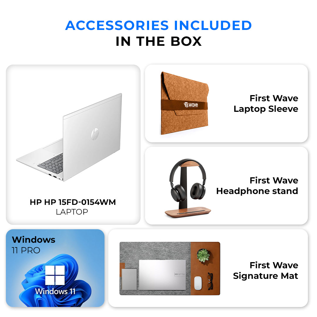 HP 15FD-0154WM Laptop – Intel Core Ultra 5 Processor | 8GB RAM | 512GB SSD | 15.6" FHD IPS Touchscreen | Backlit Keyboard | Windows 11 Pro | Silver | With combo First Wave Workspace Bundle (Signature Mat + Headset Stand + SlimGuard)