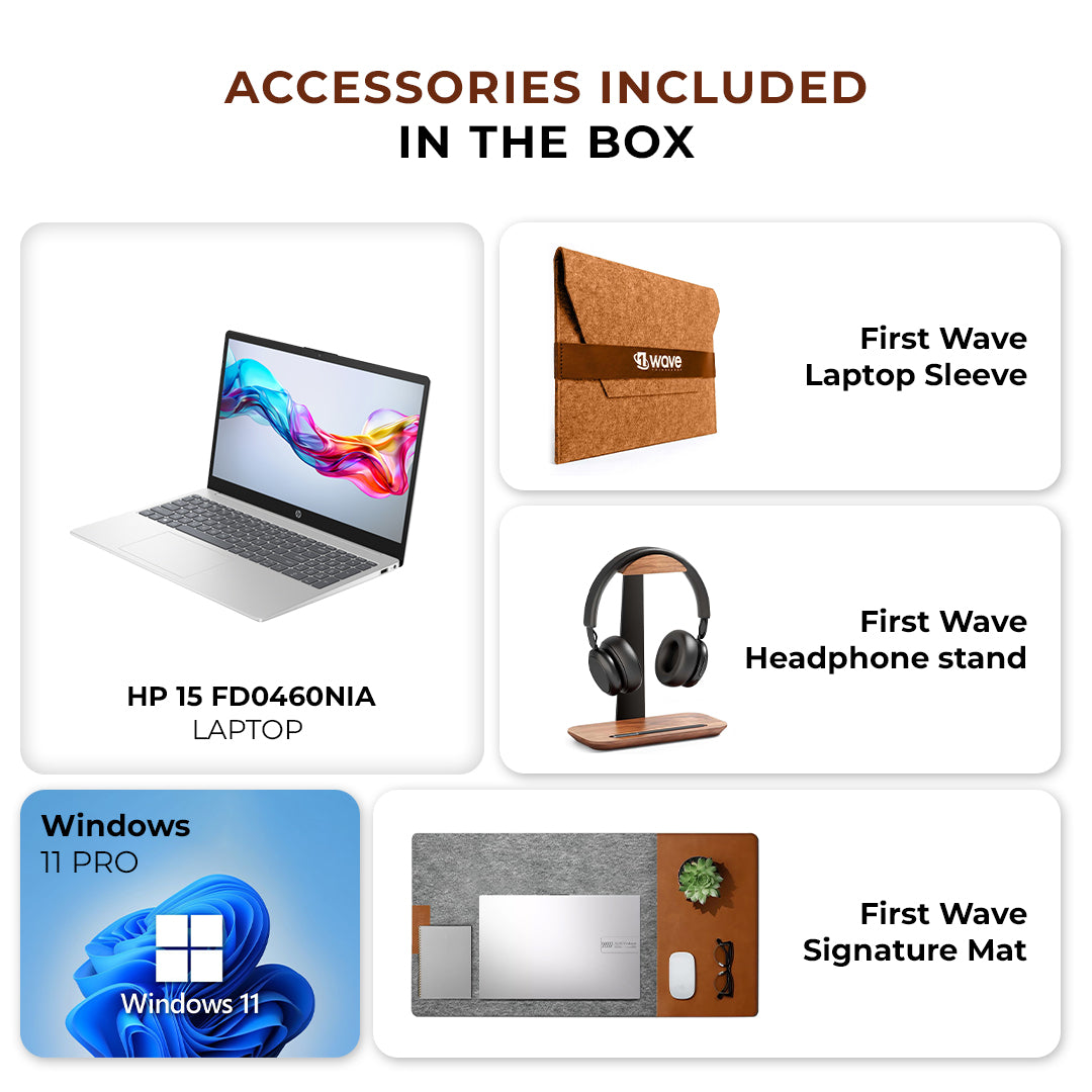 HP Laptop – 12th Gen Intel Core i3-1215U | 8GB RAM | 256GB SSD | 15.6" Full HD Display | Backlit Keyboard | Windows 11 Pro | Silver | Free First Wave Workspace Bundle (Signature Mat + Headset Stand + SlimGuard)