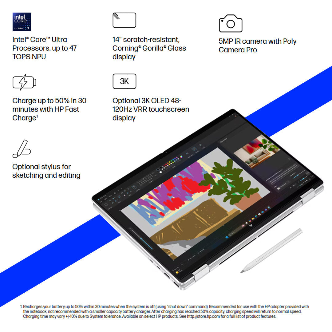 HP OmniBook X Flip 14-FM0013DX 2-in-1 Laptop – Intel Core Ultra 5-226V | 16GB RAM | 512GB SSD box and accessories
