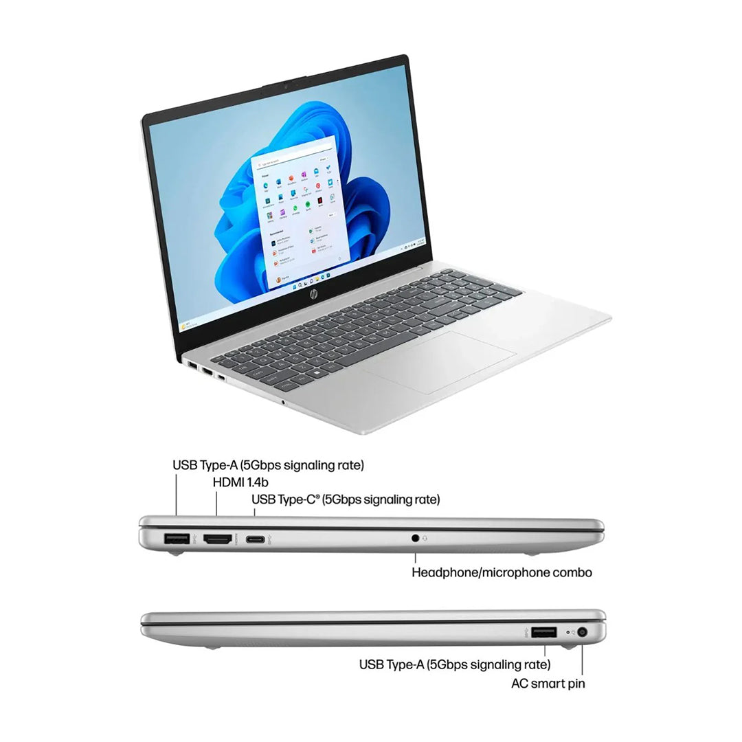HP 15FD-0154WM Laptop – Intel Core Ultra 5 Processor | 8GB RAM | 512GB SSD | 15.6" FHD IPS Touchscreen | Backlit Keyboard | Windows 11 Pro | Silver | With combo First Wave Workspace Bundle (Signature Mat + Headset Stand + SlimGuard)