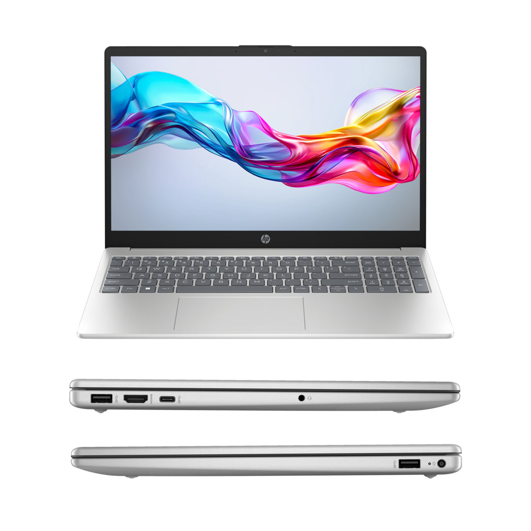 HP Laptop – 12th Gen Intel Core i3-1215U | 8GB RAM | 256GB SSD | 15.6" Full HD Display | Backlit Keyboard | Windows 11 Pro | Silver | Free First Wave Workspace Bundle (Signature Mat + Headset Stand + SlimGuard)