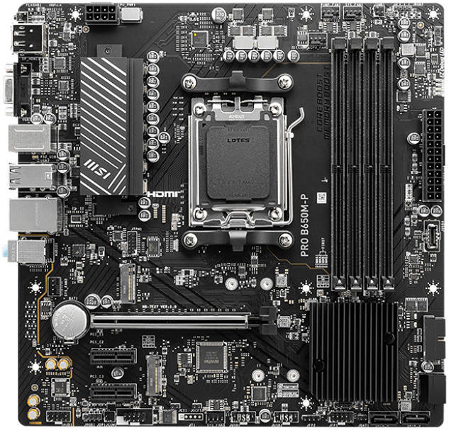 MSI PRO B650M-P Motherboard – Micro-ATX, AMD B650 Chipset, Supports Ryzen 9000/7000 Series, DDR5, PCIe 4.0, Lightning Gen 4 M.2, USB 3.2 Gen 1, Core Boost, Extended Heatsink Design, EZ Debug LED – Reliable & Efficient Professional Motherboard