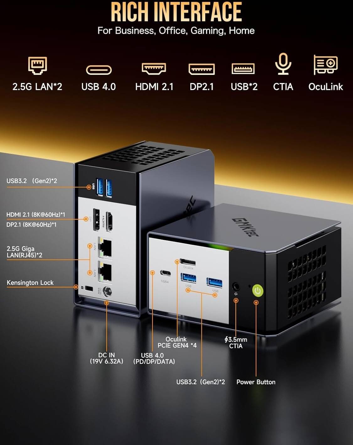 GMKtec AI Mini PC AMD Ryzen AI 9 HX-370 Serie(5.1GHz) Mini Gaming Computers, 32GB LPDDR5X 1TB PCIe 4.0 SSD, Support, Triple Screen 8K Display, WiFi 6 & USB4/Oculink Interface | EVO-X1