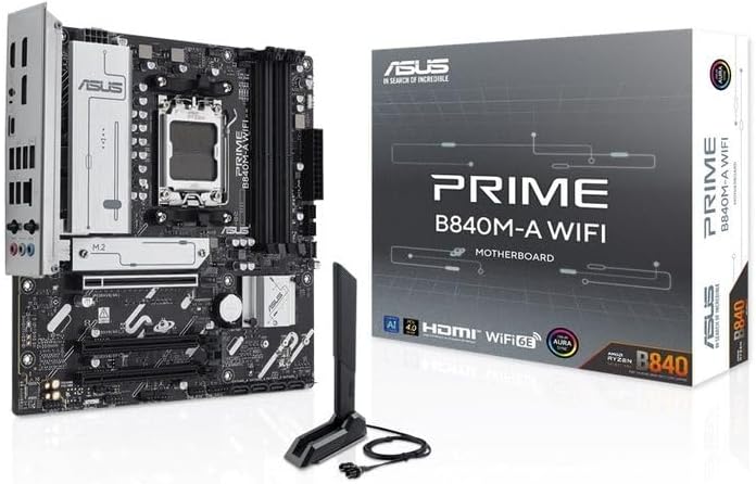 ASUS PRIME B840M-A WiFi Motherboard – AMD AM5 Socket, B840 Chipset, USB Type-C, WiFi, Aura Sync RGB, Micro-ATX