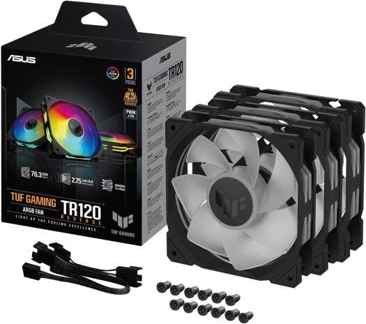 ASUS TUF Gaming TR120 ARGB Reverse Fan Black – 120mm 3-in-1 Pack, Addressable RGB, High-Performance Cooling