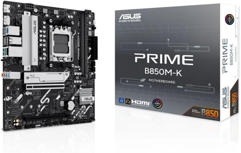 ASUS PRIME B850M-K Motherboard – AMD AM5 Socket, B850 Chipset, USB 10Gbps, Aura Sync RGB, Micro-ATX