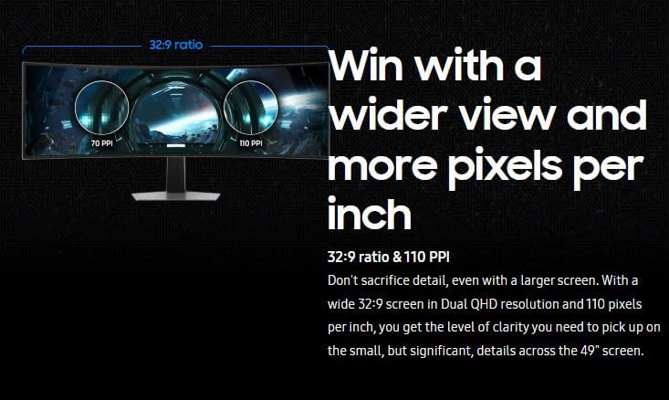 Samsung Gaming Monitor 49 inch G9 (G91SD) Odyssey OLED Dual QHD (5120 x 1440) 144Hz Refresh Rate 0.03Ms Response Time, NVIDIA G-Sync Compatible, Height Adjustable, Silver