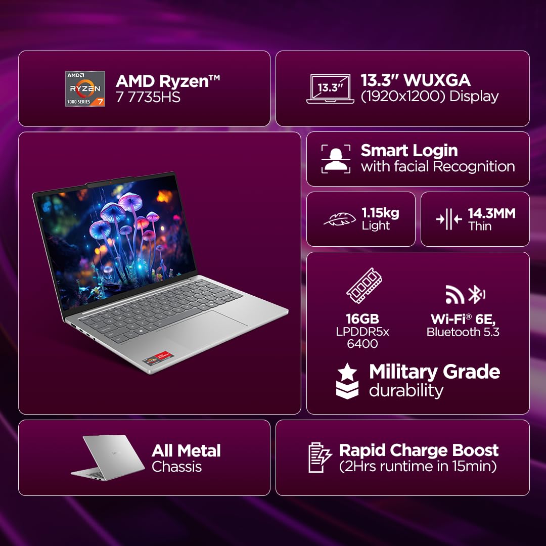 Lenovo IdeaPad IPS5 13" Laptop AMD Ryzen 7 7735HS, 16GB RAM, 512GB SSD, 13.3" WUXGA Display, Windows 11