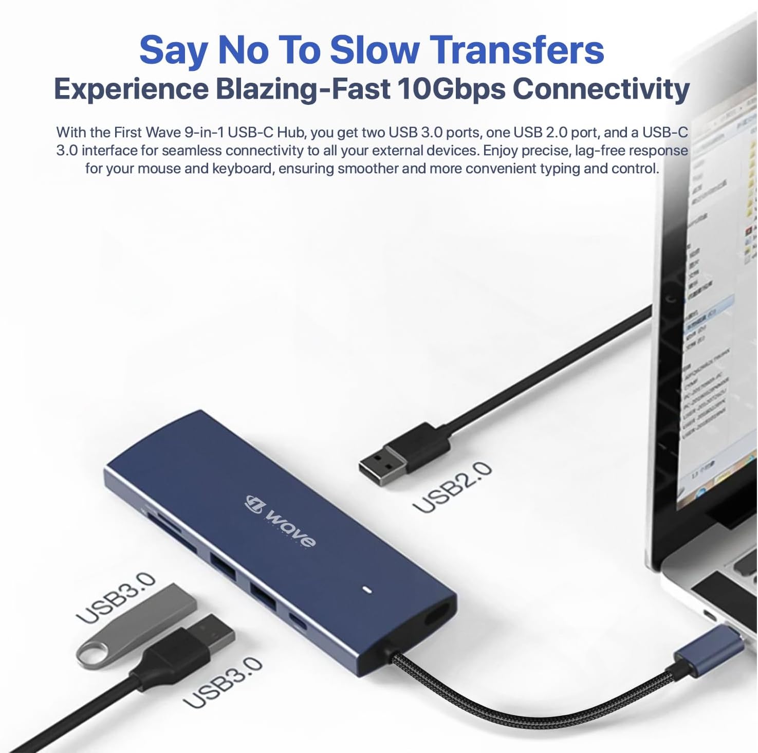 First Wave ProHub 9-in-1 USB-C Dock Hub – 4K HDMI 2.0, 100W PD, RJ45 GbE LAN, USB-C, 2× USB 3.2, USB 2.0, Micro SD & SD Card Slots, Portable Multiport Adapter for Laptop, MacBook, iPad, Metallic Blue