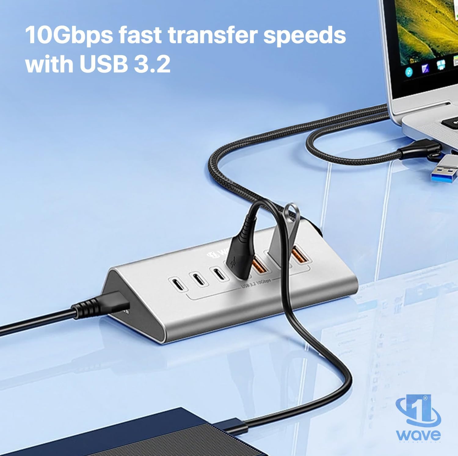 First Wave DeskHub 7-in-1 USB-C Hub – 10Gbps USB 3.2 Gen 2, Aluminum, USB-A Cap, 1m Braided Cable, Hot-Swap, Plug & Play, Over-Voltage & Over-Current Protection, for Laptop, PC, MacBook, Lunar Silver