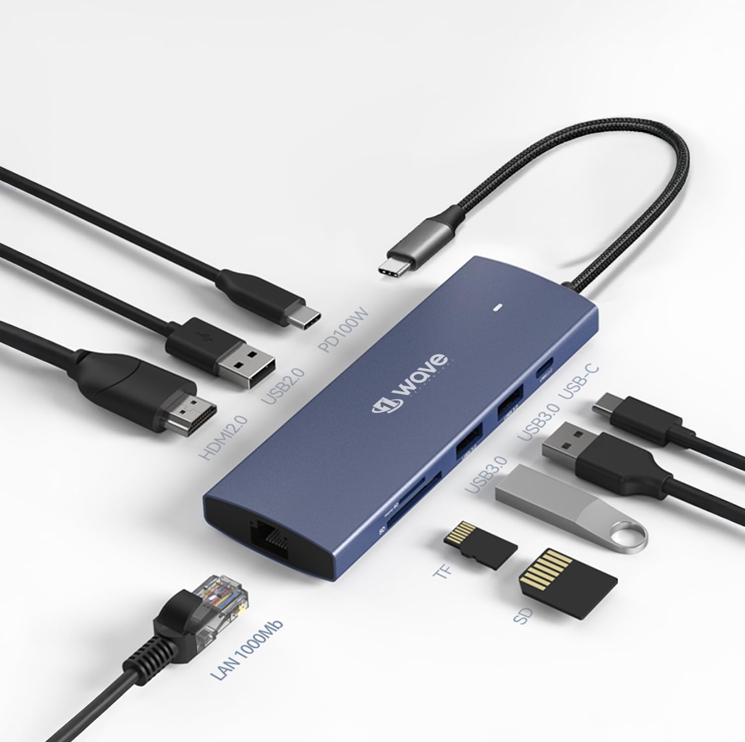 First Wave ProHub 9-in-1 USB-C Dock Hub – 4K HDMI 2.0, 100W PD, RJ45 GbE LAN, USB-C, 2× USB 3.2, USB 2.0, Micro SD & SD Card Slots, Portable Multiport Adapter for Laptop, MacBook, iPad, Metallic Blue