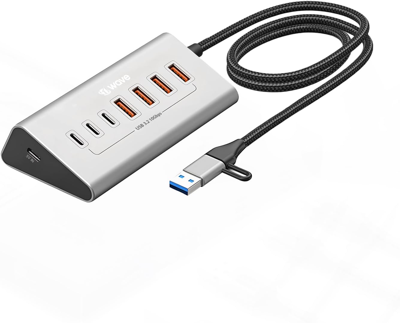 First Wave DeskHub 7-in-1 USB-C Hub – 10Gbps USB 3.2 Gen 2, Aluminum, USB-A Cap, 1m Braided Cable, Hot-Swap, Plug & Play, Over-Voltage & Over-Current Protection, for Laptop, PC, MacBook, Lunar Silver