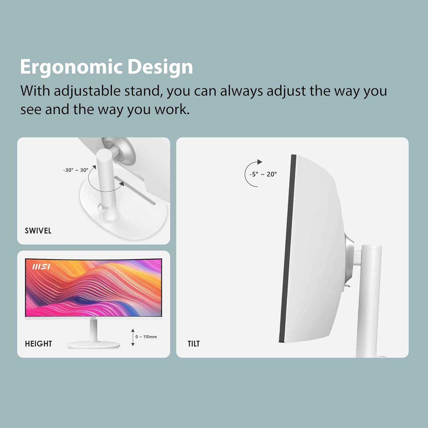 MSI Modern MD342CQPW Curved Monitor – 34" UWQHD (3440×1440) VA | 120Hz | 1ms MPRT | USB-C 98W Power Delivery | Ultra-Wide Productivity Monitor MSI