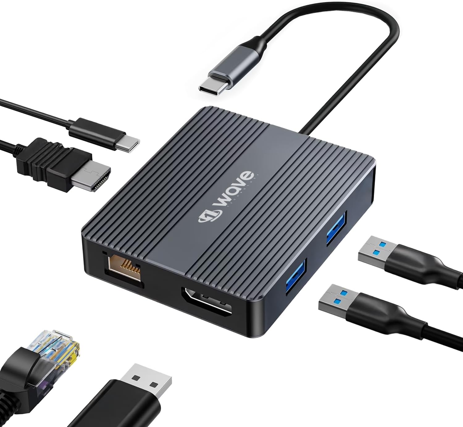 First Wave SlimDock 7-in-1 USB-C Hub – 2× USB 3.2, USB-C 3.2 (10Gbps), 100W PD Fast Charging, HDMI 4K@60Hz, DP 1.2, Gigabit Ethernet LAN, Aluminum Alloy, Metallic Grey Multiport Docking Station