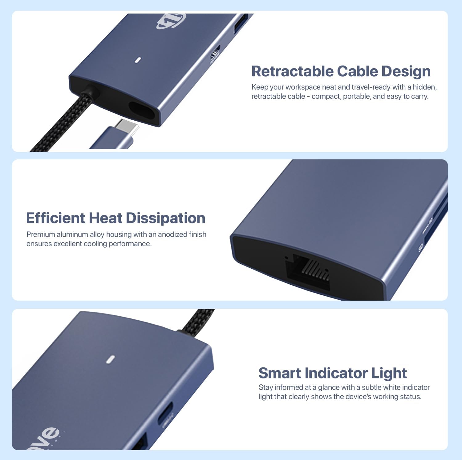 First Wave PocketHub 6-in-1 USB-C Docking Hub – 4K HDMI 2.0, 100W PD Charging, RJ45 GbE LAN, USB-C, 2× USB 3.2 Ports, Portable Multiport Adapter for Laptop, MacBook Pro/Air, iPad, PC, Metallic Blue