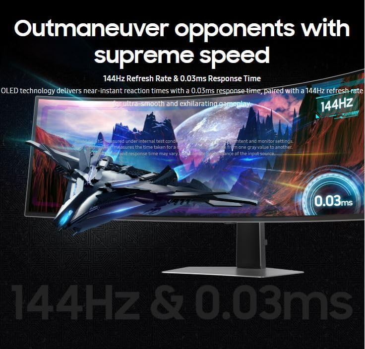 Samsung Gaming Monitor 49 inch G9 (G91SD) Odyssey OLED Dual QHD (5120 x 1440) 144Hz Refresh Rate 0.03Ms Response Time, NVIDIA G-Sync Compatible, Height Adjustable, Silver