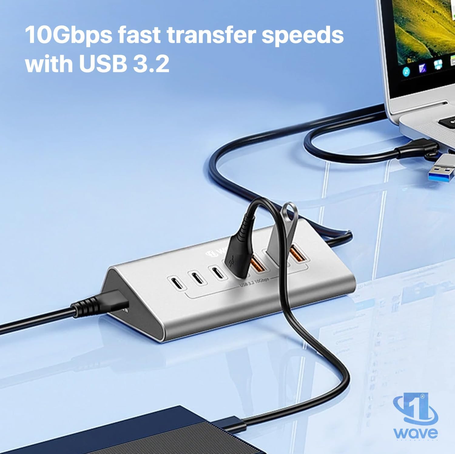 First Wave DeskHub 7-in-1 USB-C Hub – 10Gbps USB 3.2 Gen 2, Aluminum, USB-A Cap, 1m Braided Cable, Hot-Swap, Plug & Play, Over-Voltage & Over-Current Protection, for Laptop, PC, MacBook, Lunar Silver