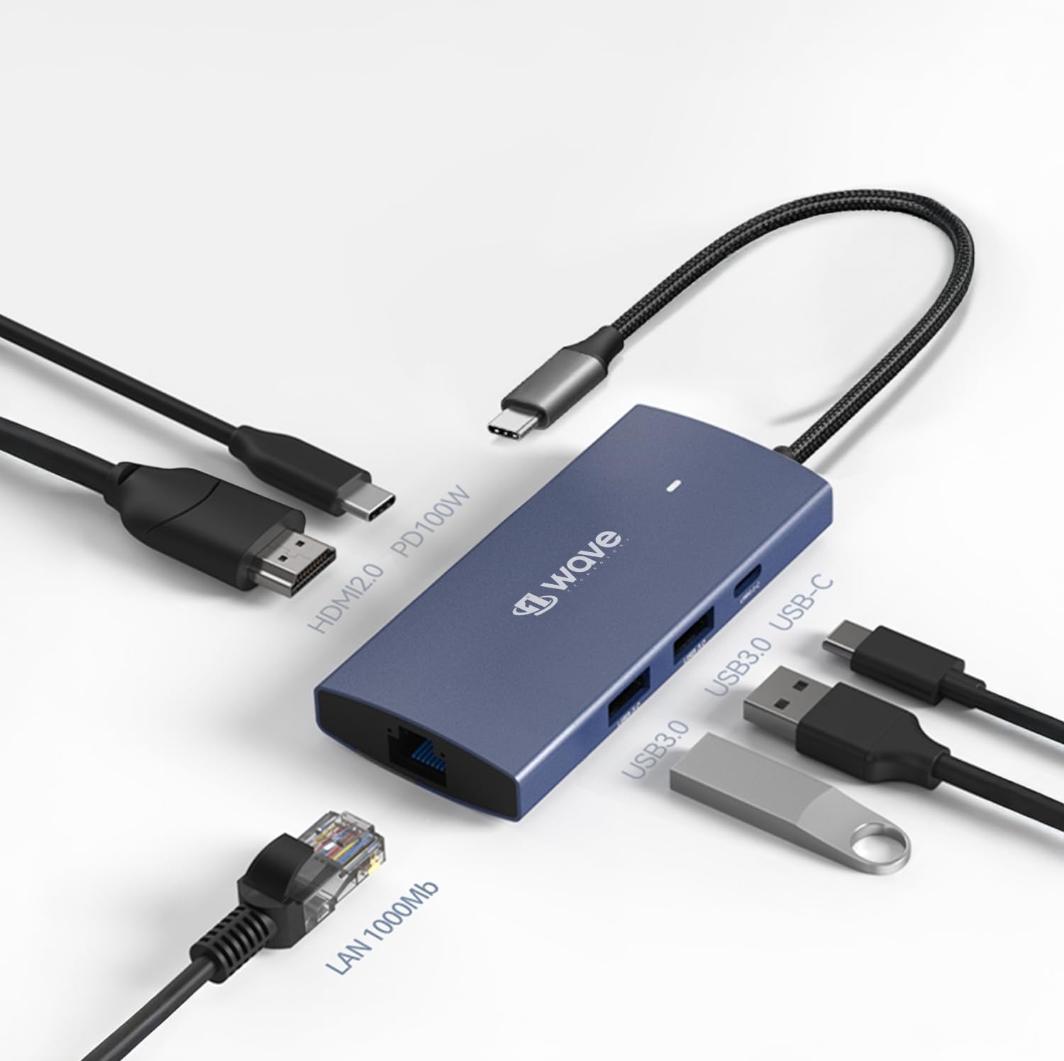 First Wave PocketHub 6-in-1 USB-C Docking Hub – 4K HDMI 2.0, 100W PD Charging, RJ45 GbE LAN, USB-C, 2× USB 3.2 Ports, Portable Multiport Adapter for Laptop, MacBook Pro/Air, iPad, PC, Metallic Blue