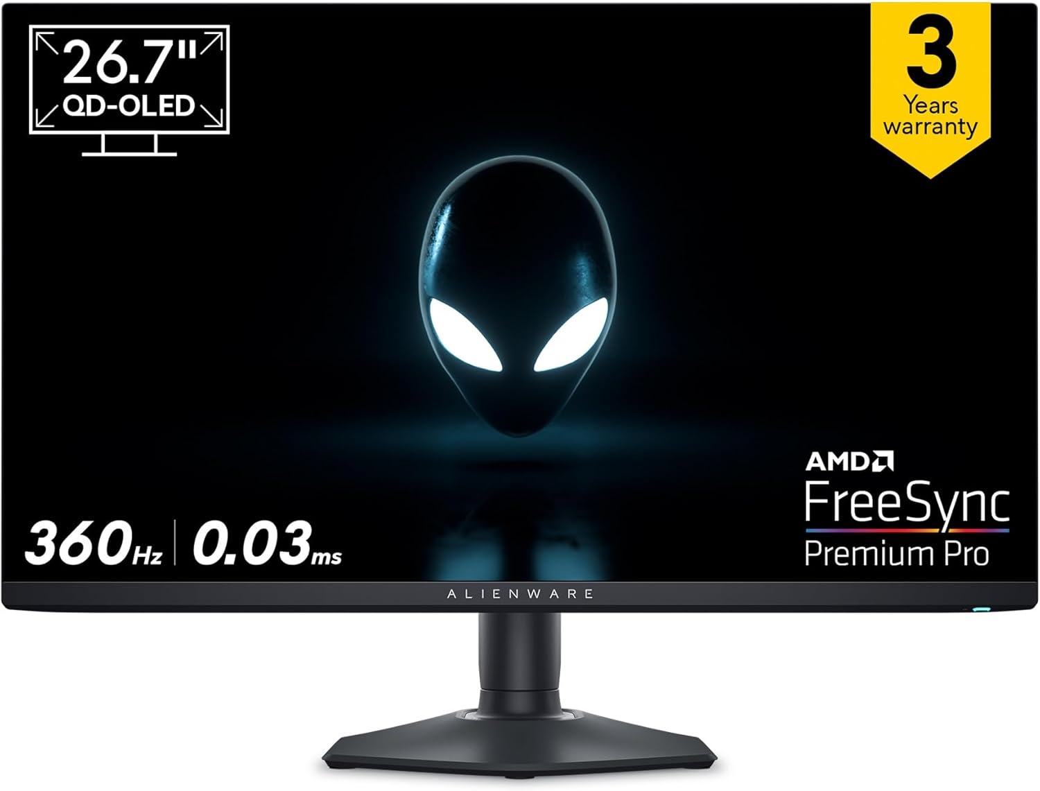 Alienware AW2725DF 27 Inch QHD (2560x1440) Gaming Monitor, 360Hz, QD OLED, 0.03ms, AMD FreeSync Premium Pro, 99.3% DCI-P3, HDR400, USB-C, 2x DisplayPort, HDMI, 4x USB, 3 Year Warranty