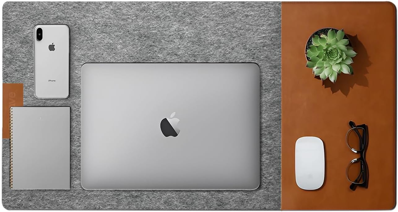 First Wave Signature Mat | Premium Desk Mat 100x35cm | Smooth Felt & Leather | Gaming, Office & Home | Clean & Organized Desk | Laptop, Keyboard & Mouse Pad | Anti-Slip, Water-Resistant | Grey-Tan